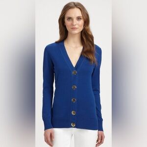 TORY BURCH Simone Blue V-Neck Cotton Knit Cardigan Gold-Tone Logo Buttons Small